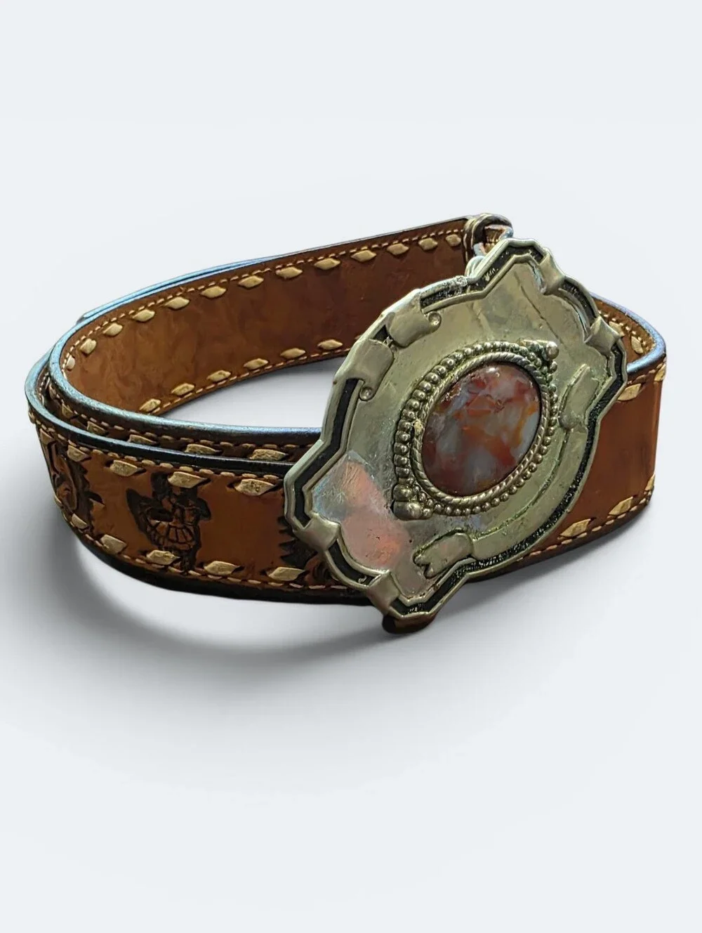 Vintage Nocona Hand Tooled Leather Western Belt Size 38 Buckstitch Agate Buckle